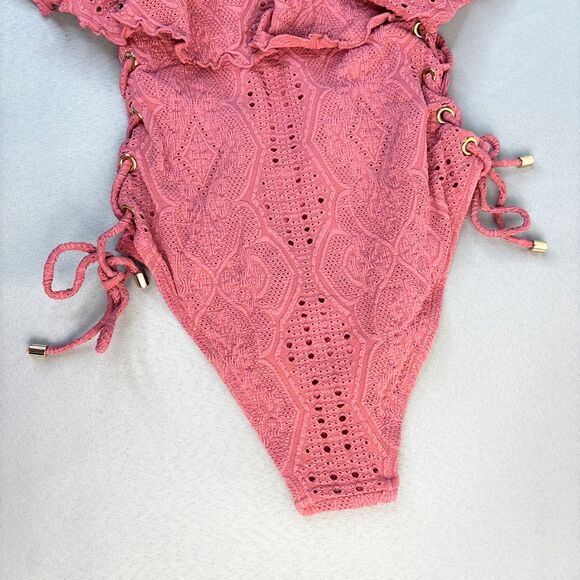 New Pink Swimsuit One Piece Lucia Ruffle Off Shoulder Side Tie Lined S-XL $170 - Picture 12 of 16